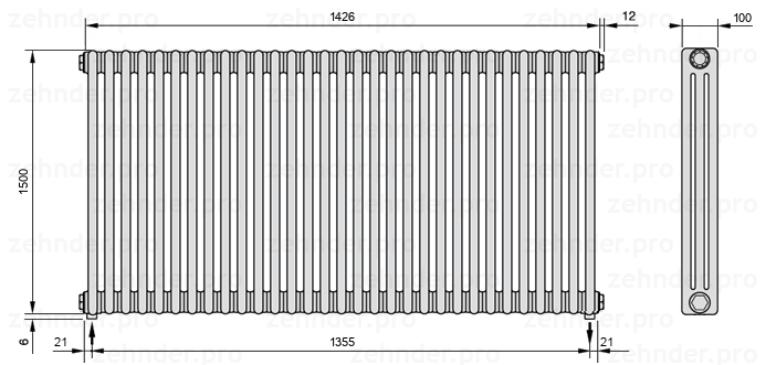 Схема (чертеж) Радиатор Zehnder Charleston 3150/31 №5310 Белый глянцевый RAL 9016